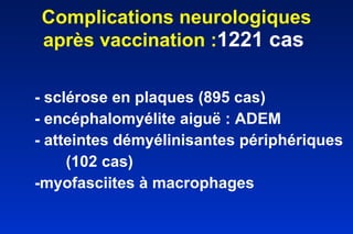 Complications neurologiques après vaccination : 1221 cas  - sclérose en plaques (895 cas) - encéphalomyélite aiguë : ADEM - atteintes démyélinisantes périphériques (102 cas) -myofasciites à macrophages 