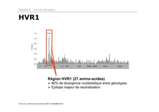 Hépatite C : virus et marqueurs


HVR1




                                     Région HVR1 (27 amino-acides)
                                      80% de divergence nucléotidique entre génotypes
                                      Epitope majeur de neutralisation



Timm et al., World J Gastroenterol 2007; 13(36)4808‐4817. 
 
