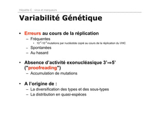 Hépatite C : virus et marqueurs


Variabilité Génétique

• Erreurs au cours de la réplication
     – Fréquentes
           • 10-4-10-4 mutations par nucléotide copié au cours de la réplication du VHC
     – Spontanées
     – Au hasard

• Absence d’activité exonucléasique 3’⇒5’
  ("proofreading")
     – Accumulation de mutations

• A l’origine de :
     – La diversification des types et des sous-types
     – La distribution en quasi-espèces
 