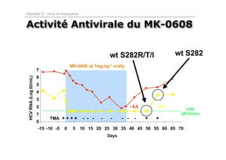 Hépatite C : virus et marqueurs


Activité Antivirale du MK-0608


                                                           wt S282R/T/I                    wt S282
                                        MK-0608 at 1mg.kg-1 orally
                       7
                       6
 HCV RNA (Log IU/mL)




                       5
                       4
                       3
                       2                                               - 4,6       - 4,1
                                                                                               LOQ
                       1                                                                    (20 IU/mL)
                            TMA + + + +       - - -   -    -     - -     -     +   +
                       0
                       -15 -10 -5   0    5   10 15 20 25 30 35 40 45 50 55 60 65 70
                                                          Days
 