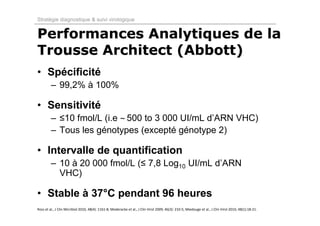 Stratégie diagnostique & suivi virologique


Performances Analytiques de la
Trousse Architect (Abbott)
• Spécificité
         – 99,2% à 100%

• Sensitivité
         – ≤10 fmol/L (i.e 500 to 3 000 UI/mL d’ARN VHC)
         – Tous les génotypes (excepté génotype 2)

• Intervalle de quantification
         – 10 à 20 000 fmol/L (≤ 7,8 Log10 UI/mL d’ARN
           VHC)

• Stable à 37°C pendant 96 heures
Ross et al., J Clin Micribiol 2010, 48(4): 1161‐8; Mederacke et al., J Clin Virol 2009, 46(3): 210‐5; Miedouge et al., J Clin Virol 2010, 48(1):18‐21.
 