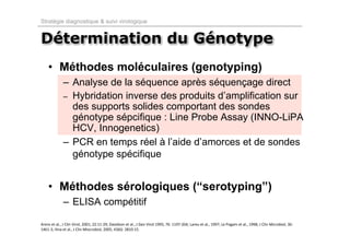 Stratégie diagnostique & suivi virologique


Détermination du Génotype
    • Méthodes moléculaires (genotyping)
             – Analyse de la séquence après séquençage direct
             – Hybridation inverse des produits d’amplification sur
               des supports solides comportant des sondes
               génotype sépcifique : Line Probe Assay (INNO-LiPA
               HCV, Innogenetics)
             – PCR en temps réel à l’aide d’amorces et de sondes
               génotype spécifique


    • Méthodes sérologiques (“serotyping”)
             – ELISA compétitif

Arens et al., J Clin Virol, 2001; 22:11‐29; Davidson et al., J Gen Virol 1995; 76: 1197‐204; Lareu et al., 1997; Le Pogam et al., 1998; J Clin Microbiol; 36:
1461‐3; Ilina et al., J Clin Miocrobiol, 2005; 43(6): 2810‐15.
 