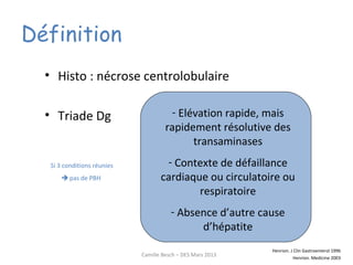 - Elévation rapide, mais
rapidement résolutive des
transaminases
- Contexte de défaillance
cardiaque ou circulatoire ou
respiratoire
- Absence d’autre cause
d’hépatite
Définition
• Histo : nécrose centrolobulaire
• Triade Dg
Si 3 conditions réunies
 pas de PBH
Henrion. J Clin Gastroenterol 1996
Henrion. Medicine 2003
Camille Besch – DES Mars 2013
 