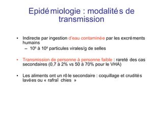 Epidémiologie : modalités de transmission Indirecte par ingestion  d’eau contaminée  par les excréments humains 10 6  à 10 8  particules virales/g de selles Transmission de personne à personne faible  : rareté des cas secondaires (0,7 à 2% vs 50 à 70% pour le VHA) Les aliments ont un rôle secondaire : coquillage et crudités lavées ou « rafraîchies » 