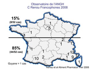 Observatoire de l’ANGH C Renou Francophones 2008 12 9 1 10 1 2 1 1 2 1 1 1 1 1 1 5 1 1 Guyane = 1 cas 85% (44/52 cas) 15% (8/52 cas) Renou et al Aliment Pharmacol Ther 2008 