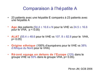 Comparaison à l’hépatite A 23 patients avec une hépatite E comparés à 23 patients avec une hépatite A Age  des patients ( 54.4    16.6  x N  pour le VHE vs  24.5    16.6   pour le VHA,  p < 0.05) ALAT   ( 55.4    48.6  pour le VHE vs  107. 8    82.8   pour le  VHA, p< 0.05) Origine ethnique   (100% d’européens pour le VHE vs  38%   d’Afrique du Nord  pour le VHA) Récent voyage en dehors de l’Europe   ( 13%  dans le groupe VHE vs  55%   dans le groupe VHA, p< 0.05). Péron JM, GCB 2006 