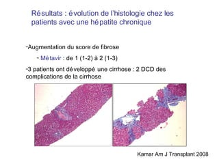 Résultats : évolution de l’histologie chez les patients avec une hépatite chronique Augmentation du score de fibrose Métavir  : de 1 (1-2) à 2 (1-3) 3 patients ont développé une cirrhose : 2 DCD des complications de la cirrhose Kamar Am J Transplant 2008 