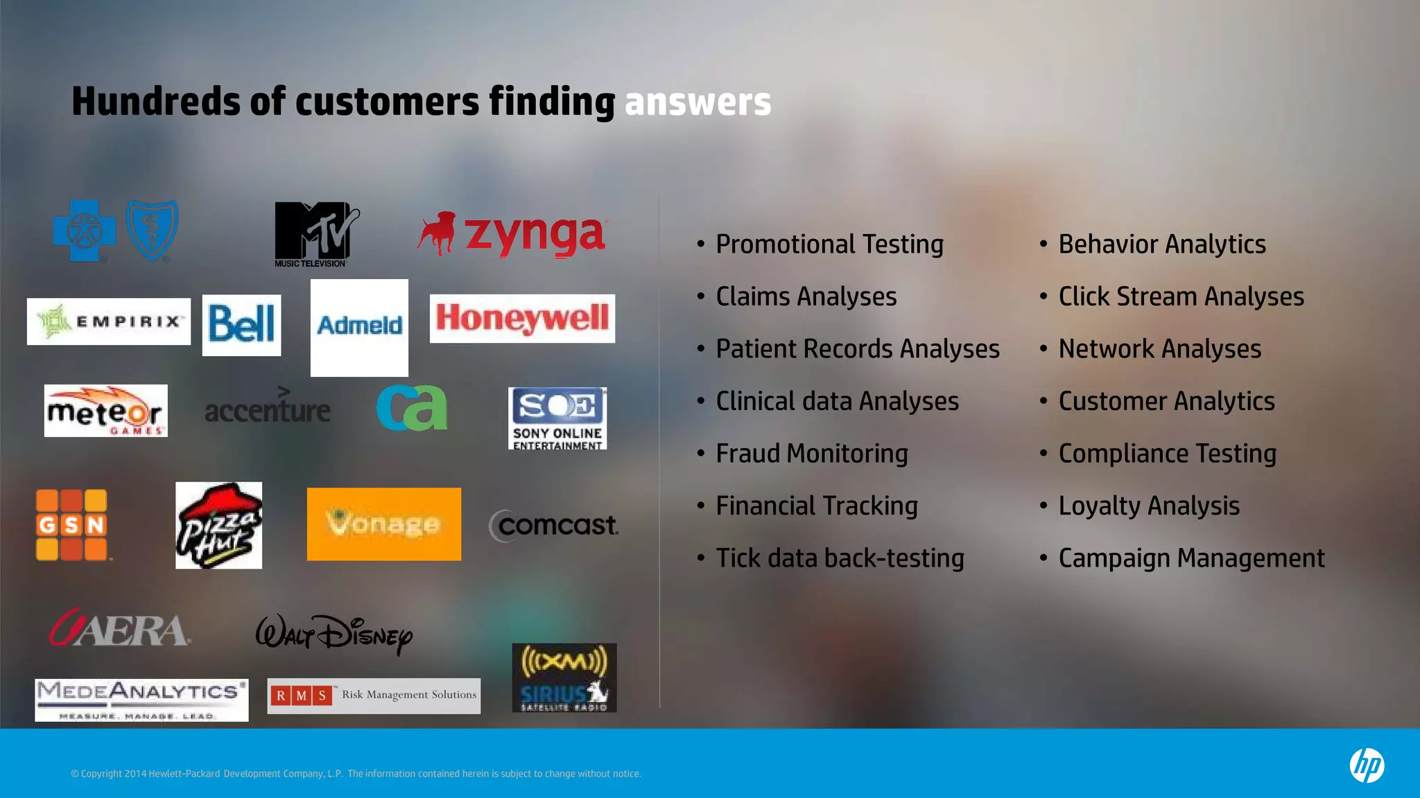 © Copyright 2014 Hewlett-Packard Development Company, L.P. The information contained herein is subject to change without notice.
• Promotional Testing
• Claims Analyses
• Patient Records Analyses
• Clinical data Analyses
• Fraud Monitoring
• Financial Tracking
• Tick data back-testing
• Behavior Analytics
• Click Stream Analyses
• Network Analyses
• Customer Analytics
• Compliance Testing
• Loyalty Analysis
• Campaign Management
Hundreds of customers finding answers
 