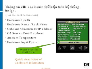 Thông tin của enclosure thể hiện trên hệ thống insight (For the rack technician) Enclosure Health Enclosure Name / Rack Name Onboard Administrator IP address OA Service Port IP address Ambient Temperature Enclosure Input Power Quick visual view of enclosure information Overall Enclosure Health Status  HP Confidential 