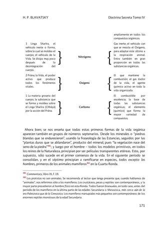 H. P. BLAVATSKY Doctrina Secreta Tomo IV
171
ampliamente en todos los
compuestos orgánicos.
3 Linga Sharîra, el
vehículo inerte o forma,
sobre la cual se moldea el
cuerpo; el vehículo de la
Vida. Se disipa muy poco
después de la
desintegración del
cuerpo.
} Nitrógeno
{
Gas inerte; el vehículo con
que se mezcla el Oxígeno,
para adaptar este último a
la respiración animal.
Entra también en gran
proporción en todas las
substancias orgánicas.
2 Prâna; la Vida, el poder
activo que produce
todos los fenómenos
vitales. } Oxígeno
{
El que mantiene la
combustión; el gas dador
de la vida, el agente
químico activo en toda la
vida organizada.
1 La materia grosera del
cuerpo; la substancia que
se forma y moldea sobre
el Linga Sharîra (Chhâyâ)
por la acción del Prâna. } Carbono
{
El combustible por
excelencia; la base de
todas las substancias
orgánicas; el elemento
(químico) que forma la
mayor variedad de
compuestos.
Ahora bien; se nos enseña que todas estas primeras formas de la vida orgánica
aparecen también en grupos de números septenarios. Desde los minerales o “piedras
blandas que se endurecieron”, usando la fraseología de las Estancias, seguidos por las
“plantas duras que se ablandaron”, producto del mineral; pues “la vegetación nace del
seno de la piedra”381
; y luego por el hombre – todos los modelos primitivos, en todos
los reinos de la Naturaleza, principian por ser películas transparentes etéreas. Esto, por
supuesto, sólo sucede en el primer comienzo de la vida. En el siguiente período se
consolidan, y en el séptimo principian a ramificarse en especies, todos excepto los
hombres, primeros de los animales mamíferos382
en la Cuarta Ronda.
381
Commentary, libro IX, f. 19.
382
Los protistas no son animales. Se recomienda al lector que tenga presente que, cuando hablamos de
“animales”, nos referimos sólo a los mamíferos. Los crustáceos, peces y reptiles son contemporáneos, y la
mayor parte precedieron al hombre físico en esta Ronda. Todos fueron bisexuales, en todo caso, antes del
período de los mamíferos en la última parte de las edades Secundaria o Mesozoica, más cerca aún de la
era Paleozoica que de la Cenozoica. Los mamíferos marsupiales más pequeños son contemporáneos de los
enormes reptiles monstruos de la edad Secundaria.
 