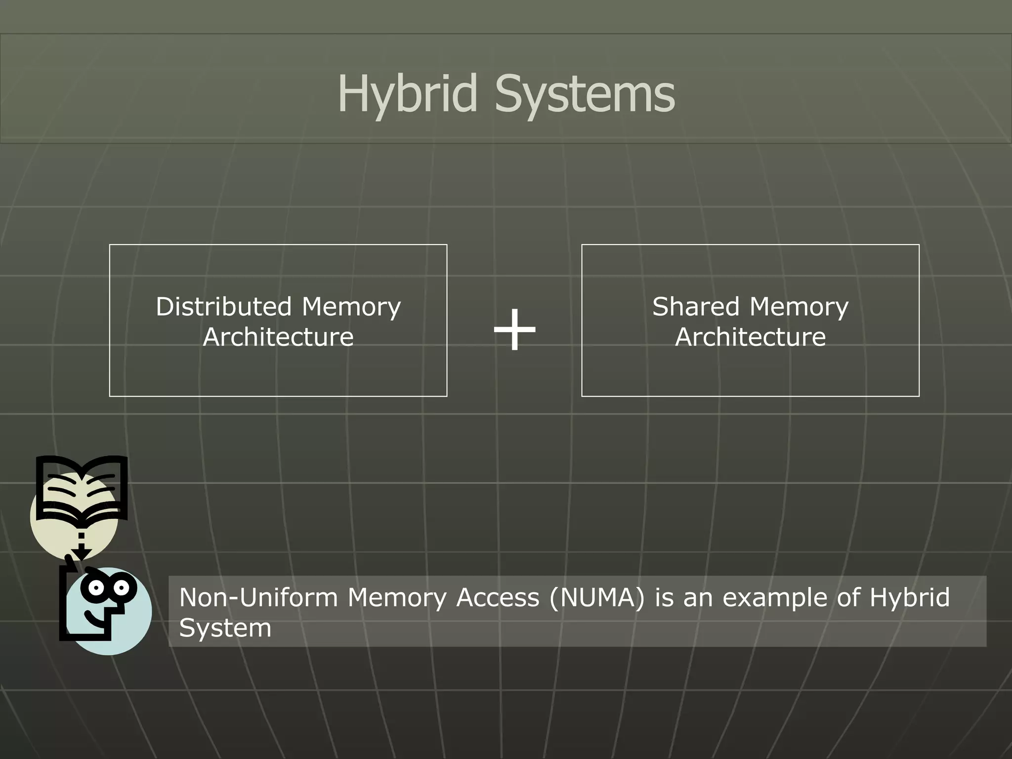 Hybrid Systems Distributed Memory Architecture Shared Memory Architecture + Non-Uniform Memory Access (NUMA) is an example of Hybrid System 