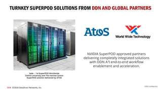 DDN Confidential
DDN ©2020 DataDirect Networks, Inc.
TURNKEY SUPERPOD SOLUTIONS FROM DDN AND GLOBAL PARTNERS
NVIDIA SuperPOD approved partners
delivering completely integrated solutions
with DDN A3I end-to-end workflow
enablement and acceleration.
Jade -- 1st SuperPOD Worldwide
Oxford University and The Hartree Centre
SuperPOD solution delivered by ATOS
 