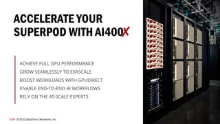 DDN Confidential
DDN ©2020 DataDirect Networks, Inc.
ACCELERATE YOUR
SUPERPOD WITH AI400XX
ACHIEVE FULL GPU PERFORMANCE
GROW SEAMLESSLY TO EXASCALE
BOOST WORKLOADS WITH GPUDIRECT
ENABLE END-TO-END AI WORKFLOWS
RELY ON THE AT-SCALE EXPERTS
 