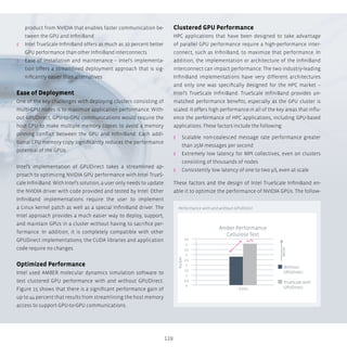 119
product from NVIDIA that enables faster communication be-
tween the GPU and InfiniBand
ʎʎ Intel TrueScale InfiniBand offers as much as 10 percent better
GPU performance than other InfiniBand interconnects
ʎʎ Ease of installation and maintenance – Intel’s implementa-
tion offers a streamlined deployment approach that is sig-
nificantly easier than alternatives
Ease of Deployment
One of the key challenges with deploying clusters consisting of
multi-GPU nodes is to maximize application performance. With-
out GPUDirect, GPU-to-GPU communications would require the
host CPU to make multiple memory copies to avoid a memory
pinning conflict between the GPU and InfiniBand. Each addi-
tional CPU memory copy significantly reduces the performance
potential of the GPUs.
Intel’s implementation of GPUDirect takes a streamlined ap-
proach to optimizing NVIDIA GPU performance with Intel TrueS-
cale InfiniBand. With Intel’s solution, a user only needs to update
the NVIDIA driver with code provided and tested by Intel. Other
InfiniBand implementations require the user to implement
a Linux kernel patch as well as a special InfiniBand driver. The
Intel approach provides a much easier way to deploy, support,
and maintain GPUs in a cluster without having to sacrifice per-
formance. In addition, it is completely compatible with other
GPUDirect implementations; the CUDA libraries and application
code require no changes.
Optimized Performance
Intel used AMBER molecular dynamics simulation software to
test clustered GPU performance with and without GPUDirect.
Figure 15 shows that there is a significant performance gain of
up to 44 percent that results from streamlining the host memory
access to support GPU-to-GPU communications.
Clustered GPU Performance
HPC applications that have been designed to take advantage
of parallel GPU performance require a high-performance inter-
connect, such as InfiniBand, to maximize that performance. In
addition, the implementation or architecture of the InfiniBand
interconnect can impact performance. The two industry-leading
InfiniBand implementations have very different architectures
and only one was specifically designed for the HPC market –
Intel’s TrueScale InfiniBand. TrueScale InfiniBand provides un-
matched performance benefits, especially as the GPU cluster is
scaled. It offers high performance in all of the key areas that influ-
ence the performance of HPC applications, including GPU-based
applications. These factors include the following:
ʎʎ Scalable non-coalesced message rate performance greater
than 25M messages per second
ʎʎ Extremely low latency for MPI collectives, even on clusters
consisting of thousands of nodes
ʎʎ Consistently low latency of one to two μS, even at scale
These factors and the design of Intel TrueScale InfiniBand en-
able it to optimize the performance of NVIDIA GPUs. The follow-
Performance with and without GPUDirect
Amber Performance
Cellulose Test
8 GPU
Without
GPUDirect
TrueScale with
GPUDirect
4,5
4
3,5
3
2,5
2
1,5
1
0,5
0
44%
Better
NS/DAY
 