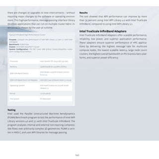 141
there are changes or upgrades to new interconnects – without
requiring major changes to the software or operating environ-
ment. This high-performance, message-passing interface library
develops applications that can run on multiple cluster fabric in-
terconnects chosen by the user at runtime.
Testing
Intel used the Parallel Unstructured Maritime Aerodynamics
(PUMA) Benchmark program to test the performance of Intel MPI
Library versions 4.0 and 3.1 with Intel TrueScale InfiniBand. The
program analyses internal and external non-reacting compress-
ible flows over arbitrarily complex 3D geometries. PUMA is writ-
ten in ANSI C, and uses MPI libraries for message passing.
Results
The test showed that MPI performance can improve by more
than 35 percent using Intel MPI Library 4.0 with Intel TrueScale
InfiniBand, compared to using Intel MPI Library 3.1.
Intel TrueScale InfiniBand Adapters
Intel TrueScale InfiniBand Adapters offer scalable performance,
reliability, low power, and superior application performance.
These adapters ensure superior performance of HPC applica-
tions by delivering the highest message rate for multicore
compute nodes, the lowest scalable latency, large node count
clusters, the highest overall bandwidth on PCI Express Gen1 plat-
forms, and superior power efficiency.
Purpose: Compare the performance of Intel MPI Library 4.0 and 3.1 with Intel
InfiniBand
Benchmark: PUMA Flow
Cluster: Intel/IBM iDataPlex™ cluster
System Configuration: The NET track IBM Q-Blue Cluster/iDataPlex nodes
were configured as follows:
Processor Intel Xeon® CPU X5570 @ 2,93 GHz
Memory 24GB (6x4GB) @ 1333MHz (DDR3)
QDR InfiniBand Switch
Intel Model 12300/firmware version
6.0.0.0.33
QDR InfiniBand Host Cnel Adapter Intel QLE7340 software stack 5.1.0.0.49
Operating System Red Hat® Enterprise Linux® Server
release 5.3
Kernel 2.6.18-128.el5
File System IFS Mounted
Typical InfiniBand High Performance Cluster
 