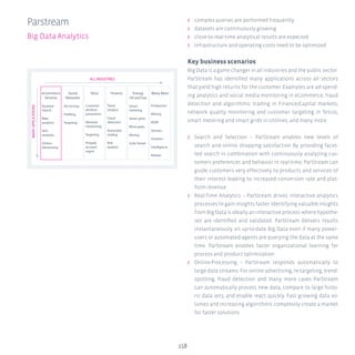 158
ʎʎ complex queries are performed frequently
ʎʎ datasets are continuously growing
ʎʎ close-to-real-time analytical results are expected
ʎʎ infrastructure and operating costs need to be optimized
Key business scenarios
Big Data is a game changer in all industries and the public sector.
ParStream has identified many applications across all sectors
that yield high returns for the customer. Examples are ad-spend-
ing analytics and social media monitoring in eCommerce, fraud
detection and algorithmic trading in Finance/Capital markets,
network quality monitoring and customer targeting in Telcos,
smart metering and smart grids in Utilities, and many more.
ʎʎ Search and Selection – ParStream enables new levels of
search and online shopping satisfaction By providing facet-
ted search in combination with continuously analyzing cus-
tomers preferences and behavior in real-time, ParStream can
guide customers very effectively to products and services of
their interest leading to increased conversion rate and plat-
form revenue.
ʎʎ Real-Time Analytics – ParStream drives interactive analytics
processes to gain insights faster. Identifying valuable insights
from Big Data is ideally an interactive process where hypothe-
ses are identified and validated. ParStream delivers results
instantaneously on up-to-date Big Data even if many power-
users or automated-agents are querying the data at the same
time. ParStream enables faster organizational learning for
process and product optimization.
ʎʎ Online-Processing – ParStream responds automatically to
large data streams. For online advertising, re-targeting, trend-
spotting, fraud detection and many more cases ParStream
can automatically process new data, compare to large histo-
ric data sets, and enable react quickly. Fast growing data vo-
lumes and increasing algorithmic complexity create a market
for faster solutions.
Parstream
Big Data Analytics
eCommerce
Services
facetted
Search
Web
analytics
SEO-
analytics
Online-
Advertising
Social
Networks
Ad serving
Profiling
Targeting
Telco
Customer
attrition
prevention
Network
monitoring
Targeting
Prepaid
account
mgmt
Finance
Trend
analysis
Fraud
detection
Automatic
trading
Risk
analysis
Energy
Oil and Gas
Smart
metering
Smart grids
Wind parks
Mining
Solar Panels
Many More
Production
Mining
M2M
Sensors
Genetics
Intelligence
Wather
ALL INDUSTRIES
MANYAPPLICATIONS
 