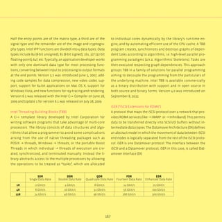 167
Half the entry points are of the matrix type, a third are of the
signal type and the remainder are of the image and cryptogra-
phy types. Intel IPP functions are divided into 4 data types: Data
types include 8u (8-bit unsigned), 8s (8-bit signed), 16s, 32f (32-bit
floating-point), 64f, etc. Typically, an application developer works
with only one dominant data type for most processing func-
tions, converting between input to processing to output formats
at the end points. Version 5.2 was introduced June 5, 2007, add-
ing code samples for data compression, new video codec sup-
port, support for 64-bit applications on Mac OS X, support for
Windows Vista, and new functions for ray-tracing and rendering.
Version 6.1 was released with the Intel C++ Compiler on June 28,
2009 and Update 1 for version 6.1 was released on July 28, 2009.
Intel Threading Building Blocks (TBB)
A C++ template library developed by Intel Corporation for
writing software programs that take advantage of multi-core
processors. The library consists of data structures and algo-
rithms that allow a programmer to avoid some complications
arising from the use of native threading packages such as
POSIX → threads, Windows → threads, or the portable Boost
Threads in which individual → threads of execution are cre-
ated, synchronized, and terminated manually. Instead the li-
brary abstracts access to the multiple processors by allowing
the operations to be treated as “tasks”, which are allocated
to individual cores dynamically by the library’s run-time en-
gine, and by automating efficient use of the CPU cache. A TBB
program creates, synchronizes and destroys graphs of depen-
dent tasks according to algorithms, i.e. high-level parallel pro-
gramming paradigms (a.k.a. Algorithmic Skeletons). Tasks are
then executed respecting graph dependencies. This approach
groups TBB in a family of solutions for parallel programming
aiming to decouple the programming from the particulars of
the underlying machine. Intel TBB is available commercially
as a binary distribution with support and in open source in
both source and binary forms. Version 4.0 was introduced on
September 8, 2011.
iSER (“iSCSI Extensions for RDMA“)
A protocol that maps the iSCSI protocol over a network that pro-
vides RDMA services (like → iWARP or → InfiniBand). This permits
data to be transferred directly into SCSI I/O buffers without in-
termediate data copies. The Datamover Architecture (DA) defines
an abstract model in which the movement of data between iSCSI
end nodes is logically separated from the rest of the iSCSI proto-
col. iSER is one Datamover protocol. The interface between the
iSCSI and a Datamover protocol, iSER in this case, is called Dat-
amover Interface (DI).
SDR
Single Data Rate
DDR
Double Data Rate
QDR
Quadruple Data Rate
FDR
Fourteen Data Rate
EDR
Enhanced Data Rate
1X 2 Gbit/s 4 Gbit/s 8 Gbit/s 14 Gbit/s 25 Gbit/s
4X 8 Gbit/s 16 Gbit/s 32 Gbit/s 56 Gbit/s 100 Gbit/s
12X 24 Gbit/s 48 Gbit/s 96 Gbit/s 168 Gbit/s 300 Gbit/s
 