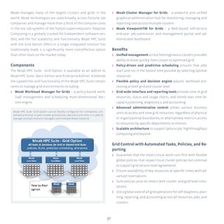 37
Moab manages many of the largest clusters and grids in the
world. Moab technologies are used broadly across Fortune 500
companies and manage more than a third of the compute cores
in the top 100 systems of the Top500 supercomputers. Adaptive
Computing is a globally trusted ISV (independent software ven-
dor), and the full scalability and functionality Moab HPC Suite
with the Grid Option offers in a single integrated solution has
traditionally made it a significantly more cost-effective option
than other tools on the market today.
Components
The Moab HPC Suite - Grid Option is available as an add-on to
Moab HPC Suite - Basic Edition and -Enterprise Edition. It extends
the capabilities and functionality of the Moab HPC Suite compo-
nents to manage grid environments including:
ʎʎ Moab Workload Manager for Grids – a policy-based work-
load management and scheduling multi-dimensional deci-
sion engine
ʎʎ Moab Cluster Manager for Grids – a powerful and unified
graphical administration tool for monitoring, managing and
reporting tool across multiple clusters
ʎʎ Moab ViewpointTM for Grids – a Web-based self-service
end-user job-submission and management portal and ad-
ministrator dashboard
Benefits
ʎʎ Unified management across heterogeneous clusters provides
ability to move quickly from cluster to optimized grid
ʎʎ Policy-driven and predictive scheduling ensures that jobs
start and run in the fastest time possible by selecting optimal
resources
ʎʎ Flexible policy and decision engine adjusts workload pro-
cessing at both grid and cluster level
ʎʎ Grid-wide interface and reporting tools provide view of grid
resources, status and usage charts, and trends over time for
capacity planning, diagnostics, and accounting
ʎʎ Advanced administrative control allows various business
units to access and view grid resources, regardless of physical
or organizational boundaries, or alternatively restricts access
to resources by specific departments or entities
ʎʎ Scalable architecture to support peta-scale, highthroughput
computing and beyond
Grid Control with Automated Tasks, Policies, and Re-
porting
ʎʎ Guarantee that the most-critical work runs first with flexible
global policies that respect local cluster policies but continue
to support grid service-level agreements
ʎʎ Ensure availability of key resources at specific times with ad-
vanced reservations
ʎʎ Tune policies prior to rollout with cluster- and grid-level simu-
lations
ʎʎ Use a global view of all grid operations for self-diagnosis, plan-
ning, reporting, and accounting across all resources, jobs, and
clusters
Moab HPC Suite -Grid Option can be flexibly configured for centralized, cen-
tralized and local, or peer-to-peer grid policies, decisions and rules. It is able to
manage multiple resource managers and multiple Moab instances.
 