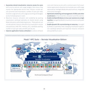 49
ʎʎ Guarantee shared visualization resource access for users
with priority policies and usage budgets that ensure they
receive the appropriate service level. Policies include ses-
sion priorities and reservations, number of users per node,
fairshare usage policies, and usage accounting and budgets
across multiple groups or users.
ʎʎ Maximize resource utilization and scalability by packing
visualization workload optimally on shared servers using
Moab allocation and scheduling policies. These policies can
include optimal resource allocation by visualization session
characteristics (like CPU, memory, etc.), workload packing,
number of users per node, and GPU policies, etc.
ʎʎ Improve application license utilization to reduce software
costs and improve access with a common pool of 3D visual-
ization applications shared across multiple users, with usage
optimized by intelligent Moab allocation policies, integrated
with license managers.
ʎʎ Optimized scheduling and management of GPUs and other
accelerators to maximize their utilization and effectiveness
ʎʎ Enable multiple Windows or Linux user sessions on a single
machine managed by Moab to maximize resource and power
utilization.
ʎʎ Enable dynamic OS re-provisioning on resources, managed
by Moab, to optimally meet changing visualization applica-
tion workload demand and maximize resource utilization
and availability to users.
The Remote Visualization Edition makes visualization more cost effective and productive with an innovative technical compute cloud.
 