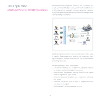 54
NICEEnginFrame
A Technical Portal for Remote Visualization
Solving distributed computing issues for our customers, it is
easy to understand that a modern, user-friendly web front-end
to HPC and grids can drastically improve engineering productiv-
ity, if properly designed to address the specific challenges of the
Technical Computing market.
Nice EnginFrame overcomes many common issues in the areas
of usability, data management, security and integration, open-
ing the way to a broader, more effective use of the Technical
Computing resources.
The key components of our solutions are:
ʎʎ a flexible and modular Java-based kernel, with clear separati-
on between customizations and core services
ʎʎ powerful data management features, reflecting the typical
needs of engineering applications
ʎʎ comprehensive security options and a fine grained authoriza-
tion system
ʎʎ scheduler abstraction layer to adapt to different workload
and resource managers
ʎʎ responsive and competent support services
 