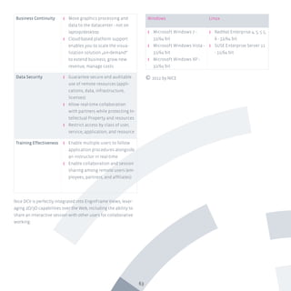63
Business Continuity ʎʎ Move graphics processing and
data to the datacenter - not on
laptop/desktop
ʎʎ Cloud-based platform support
enables you to scale the visua-
lization solution „on-demand“
to extend business, grow new
revenue, manage costs.
Data Security ʎʎ Guarantee secure and auditable
use of remote resources (appli-
cations, data, infrastructure,
licenses)
ʎʎ Allow real-time collaboration
with partners while protecting In-
tellectual Property and resources
ʎʎ Restrict access by class of user,
service, application, and resource
Training Effectiveness ʎʎ Enable multiple users to follow
application procedures alongside
an instructor in real-time
ʎʎ Enable collaboration and session
sharing among remote users (em-
ployees, partners, and affiliates)
Nice DCV is perfectly integrated into EnginFrame Views, lever-
aging 2D/3D capabilities over the Web, including the ability to
share an interactive session with other users for collaborative
working.
Windows Linux
ʎʎ Microsoft Windows 7 -
32/64 bit
ʎʎ Microsoft Windows Vista -
32/64 bit
ʎʎ Microsoft Windows XP -
32/64 bit
ʎʎ RedHat Enterprise 4, 5, 5.5,
6 - 32/64 bit
ʎʎ SUSE Enterprise Server 11
- 32/64 bit
© 2012 by NICE
 