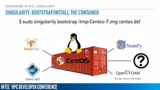 CONTAINERS IN HPC: SINGULARITY
SINGULARITY: BOOTSTRAP/INSTALL THE CONTAINER
$ sudo singularity bootstrap /tmp/Centos-7.img centos.def
 