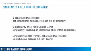 CONTAINERS IN HPC: SINGULARITY
SINGULARITY: A PEEK INTO THE CONTAINER
$ cat /etc/redhat-release
cat: /etc/redhat-release: No such file or directory
$ singularity shell /tmp/Centos-7.img
Singularity: Invoking an interactive shell within container... 
 
Singularity.Centos-7.img> cat /etc/redhat-release
CentOS Linux release 7.2.1511 (Core)
 
