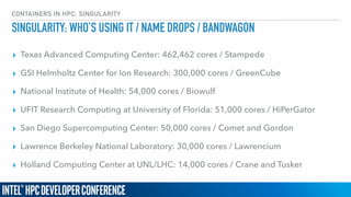 CONTAINERS IN HPC: SINGULARITY
SINGULARITY: WHO’S USING IT / NAME DROPS / BANDWAGON
▸ Texas Advanced Computing Center: 462,462 cores / Stampede
▸ GSI Helmholtz Center for Ion Research: 300,000 cores / GreenCube
▸ National Institute of Health: 54,000 cores / Biowulf
▸ UFIT Research Computing at University of Florida: 51,000 cores / HiPerGator
▸ San Diego Supercomputing Center: 50,000 cores / Comet and Gordon
▸ Lawrence Berkeley National Laboratory: 30,000 cores / Lawrencium
▸ Holland Computing Center at UNL/LHC: 14,000 cores / Crane and Tusker
 