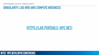 CONTAINERS IN HPC: SINGULARITY
HTTPS://LAB.PORTABLE-HPC.NET/
SINGULARITY: LOG INTO AWS COMPUTE INSTANCES
 