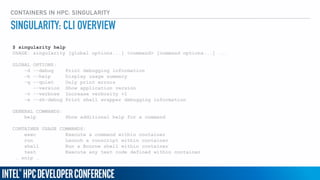 CONTAINERS IN HPC: SINGULARITY
$ singularity help
USAGE: singularity [global options...] <command> [command options...] ...
GLOBAL OPTIONS:
-d --debug Print debugging information
-h --help Display usage summary
-q --quiet Only print errors
--version Show application version
-v --verbose Increase verbosity +1
-x --sh-debug Print shell wrapper debugging information
GENERAL COMMANDS:
help Show additional help for a command
CONTAINER USAGE COMMANDS:
exec Execute a command within container
run Launch a runscript within container
shell Run a Bourne shell within container
test Execute any test code defined within container
… snip …
SINGULARITY: CLI OVERVIEW
 