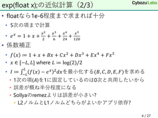 • floatなら1e-6程度まで求まれば十分
• 5次の項まで計算
• 𝑒 𝑥
= 1 + 𝑥 +
𝑥2
2
+
𝑥3
6
+
𝑥4
24
+
𝑥5
120
• 係数補正
• 𝑓 𝑥 ≔ 1 + 𝑥 + 𝐵𝑥 + 𝐶𝑥2 + 𝐷𝑥3 + 𝐸𝑥4 + 𝐹𝑥5
• 𝑥 ∈ [−𝐿, 𝐿] where 𝐿 ≔ log(2)/2
• 𝐼 ≔ ‫׬‬−𝐿
𝐿
𝑓 𝑥 − 𝑒 𝑥 2 𝑑𝑥を最小化する(𝐵, 𝐶, 𝐷, 𝐸, 𝐹)を求める
• 1次の項(𝐴)を1に固定しているのは0次と共用したいから
• 誤差が概ね半分程度になる
• Sollyaのremezよりは誤差が小さい?
• L2ノルムとL1ノルムどちらがよいかアプリ依存?
exp(float x);の近似計算（2/3）
4 / 27
 