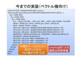 今までの実装（ベクトル機向け）
subroutine OAT_InstallppohFDMupdate_stress(..)
!$omp parallel do private(i,j,k,RL1,RM1,RM2,RLRM2,DXVX1,DYVY1,DZVZ1,…)
do k = NZ00, NZ01
do j = NY00, NY01
do i = NX00, NX01
RL1   = LAM (I,J,K); RM1   = RIG (I,J,K);  RM2   = RM1 + RM1; RLRM2 = RL1+RM2
DXVX1 = DXVX(I,J,K);  DYVY1 = DYVY(I,J,K);  DZVZ1 = DZVZ(I,J,K)
D3V3  = DXVX1 + DYVY1 + DZVZ1
SXX (I,J,K) = SXX (I,J,K) + (RLRM2*(D3V3)‐RM2*(DZVZ1+DYVY1) ) * DT
SYY (I,J,K) = SYY (I,J,K)  + (RLRM2*(D3V3)‐RM2*(DXVX1+DZVZ1) ) * DT
SZZ (I,J,K) = SZZ (I,J,K)  + (RLRM2*(D3V3)‐RM2*(DXVX1+DYVY1) ) * DT
DXVYDYVX1 = DXVY(I,J,K)+DYVX(I,J,K);  DXVZDZVX1 = DXVZ(I,J,K)+DZVX(I,J,K)
DYVZDZVY1 = DYVZ(I,J,K)+DZVY(I,J,K)
SXY (I,J,K) = SXY (I,J,K) + RM1 * DXVYDYVX1 * DT
SXZ (I,J,K) = SXZ (I,J,K) + RM1 * DXVZDZVX1 * DT
SYZ (I,J,K) = SYZ (I,J,K) + RM1 * DYVZDZVY1 * DT
end do
end do
end do
retuen
end
Leapfrog法による
陽解法時間発展
手続きコールのたびに
配列に入出力
→B/F値が大きくなる
 