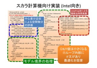 スカラ計算機向け実装 (Intel向き)
!$omp parallel do private 
(i,j,k,RL1,RM1,RM2,RLRM2,DXVX, …)
do k_j=1, (NZ01‐NZ00+1)*(NY01‐NY00+1)
k=(k_j‐1)/(NY01‐NY00+1)+NZ00
j=mod((k_j‐1),(NY01‐NY00+1))+NY00
do i = NX00, NX01
RL1   = LAM (I,J,K);  RM1   = RIG (I,J,K)
RM2   = RM1 + RM1; RLRM2 = RL1+RM2
! 4th order diff
DXVX0 = (VX(I,J,K)  ‐VX(I‐1,J,K))*C40/dx &
‐ (VX(I+1,J,K)‐VX(I‐2,J,K))*C41/dx
DYVY0 = (VY(I,J,K)  ‐VY(I,J‐1,K))*C40/dy &
‐ (VY(I,J+1,K)‐VY(I,J‐2,K))*C41/dy
DZVZ0 = (VZ(I,J,K)  ‐VZ(I,J,K‐1))*C40/dz &
‐ (VZ(I,J,K+1)‐VZ(I,J,K‐2))*C41/dz
! truncate_diff_vel
! X dir
if (idx==0) then
if (i==1)then
DXVX0 = ( VX(1,J,K) ‐ 0.0_PN    )/ DX
end if
if (i==2) then
DXVX0 = ( VX(2,J,K) ‐ VX(1,J,K) )/ DX
end if
end if
if( idx == IP‐1 ) then
if (i==NXP)then
DXVX0 = ( VX(NXP,J,K) ‐ VX(NXP‐1,J,K) ) /  DX
end if
end if
! Y dir
if( idy == 0 ) then ! Shallowmost
if (j==1)then
DYVY0 = ( VY(I,1,K) ‐ 0.0_PN    )/ DY
end if
if (j==2)then
DYVY0 = ( VY(I,2,K) ‐ VY(I,1,K) ) / DY
end if
end if
if( idy == JP‐1 ) then
if (j==NYP)then
DYVY0 = ( VY(I,NYP,K) ‐ VY(I,NYP‐1,K) )/ DY
end if
end if
! Z dir
if( idz == 0 ) then ! Shallowmost
if (k==1)then
DZVZ0 = ( VZ(I,J,1) ‐ 0.0_PN    ) / DZ
end if
if (k==2)then
DZVZ0 = ( VZ(I,J,2) ‐ VZ(I,J,1) ) / DZ
end if
end if
if( idz == KP‐1 ) then
if (k==NZP)then
DZVZ0 = ( VZ(I,J,NZP) ‐ VZ(I,J,NZP‐1) )/ DZ
end if
end if
モデル境界の処理
中心差分近似
による空間微分
の評価
DXVX1 = DXVX0;  DYVY1 = DYVY0
DZVZ1 = DZVZ0;  D3V3  = DXVX1 + DYVY1 + DZVZ1
SXX (I,J,K) = SXX (I,J,K) &
+ (RLRM2*(D3V3)‐RM2*(DZVZ1+DYVY1) ) * DT
SYY (I,J,K) = SYY (I,J,K) &
+ (RLRM2*(D3V3)‐RM2*(DXVX1+DZVZ1) ) * DT
SZZ (I,J,K) = SZZ (I,J,K) &
+ (RLRM2*(D3V3)‐RM2*(DXVX1+DYVY1) ) * DT
end do
end do
!$omp end parallel d
Leapfrog法による
陽解法時間発展
B/F値は小さくなる
ループ内部に
IF文があり
最適化を阻害
 