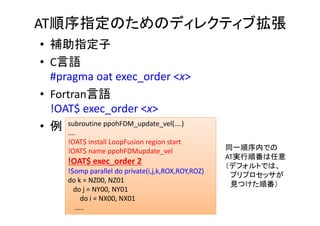 AT順序指定のためのディレクティブ拡張
• 補助指定子
• C言語
#pragma oat exec_order <x>
• Fortran言語
!OAT$ exec_order <x>
• 例 subroutine ppohFDM_update_vel(….)
….
!OAT$ install LoopFusion region start
!OAT$ name ppohFDMupdate_vel
!OAT$ exec_order 2
!$omp parallel do private(i,j,k,ROX,ROY,ROZ)
do k = NZ00, NZ01
do j = NY00, NY01
do i = NX00, NX01
…..
同一順序内での
AT実行順番は任意
（デフォルトでは、
プリプロセッサが
見つけた順番）
 