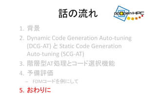 話の流れ
1. 背景
2. Dynamic Code Generation Auto‐tuning 
(DCG‐AT) と Static Code Generation 
Auto‐tuning (SCG‐AT)
3. 階層型AT処理とコード選択機能
4. 予備評価
– FDMコードを例にして
5. おわりに
 