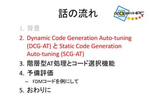 話の流れ
1. 背景
2. Dynamic Code Generation Auto‐tuning 
(DCG‐AT) と Static Code Generation 
Auto‐tuning (SCG‐AT)
3. 階層型AT処理とコード選択機能
4. 予備評価
– FDMコードを例にして
5. おわりに
 
