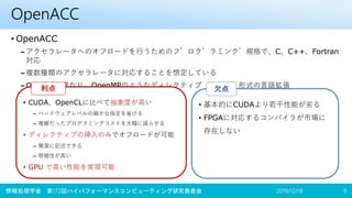 OpenACC
• OpenACC
– アクセラレータへのオフロードを行うためのプログラミング規格で、C、C++、Fortran
対応
– 複数種類のアクセラレータに対応することを想定している
– OpenCLと異なり、OpenMPのようなディレクティブ（指示文）形式の言語拡張
2019/12/18 9
• CUDA、OpenCLに比べて抽象度が高い
– ハードウェアレベルの細かな指定を省ける
– 複雑だったプログラミングコストを大幅に減らせる
• ディレクティブの挿入のみでオフロードが可能
– 簡潔に記述できる
– 移植性が高い
• GPU で高い性能を実現可能
利点
情報処理学会 第172回ハイパフォーマンスコンピューティング研究発表会
• 基本的にCUDAより若干性能が劣る
• FPGAに対応するコンパイラが市場に
存在しない
欠点
 