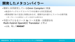 開発したメタコンパイラー
•理研と共同研究しているOmni Compilerに実装
–後述のバックエンドコンパイラの仕様から対応言語はC
–開発段階であり記述に制限はあるが、提案手法の通りにファイル分割可能
• 例：グローバルな宣言はヘッダーに記述する必要がある
•今回コアとなるソース to ソース変換・分割部分を
Multi-Hybrid OpenACC Translator と呼ぶ
–以後、略してMHOAT
2019/12/18情報処理学会 第172回ハイパフォーマンスコンピューティング研究発表会 13
 