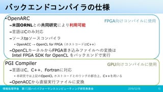 バックエンドコンパイラの仕様
•OpenARC
–米国ORNLとの共同研究により利用可能
–言語はCのみ対応
–ソースtoソースコンパイラ
• OpenACC → OpenCL for FPGA（ホストコードはC++）
–OpenCLカーネルからFPGA書き込みファイルへの変換は
Intel FPGA SDK for OpenCL をバックエンドで実行
PGI Compiler
–言語はC、C++、Fortranに対応
• 本研究では上記のOpenCL ホストコードとのリンクの都合上、C++を用いる
–OpenACCから直接実行ファイルに変換
2019/12/18情報処理学会 第172回ハイパフォーマンスコンピューティング研究発表会 15
FPGA向けコンパイルに使用
GPU向けコンパイルに使用
 