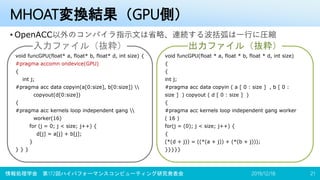 MHOAT変換結果（GPU側）
• OpenACC以外のコンパイラ指示文は省略、連続する波括弧は一行に圧縮
2019/12/18情報処理学会 第172回ハイパフォーマンスコンピューティング研究発表会 21
void funcGPU(float * a, float * b, float * d, int size)
{
{
int j;
#pragma acc data copyin ( a [ 0 : size ] , b [ 0 :
size ] ) copyout ( d [ 0 : size ] )
{
#pragma acc kernels loop independent gang worker
( 16 )
for(j = (0); j < size; j++) {
{
(*(d + j)) = ((*(a + j)) + (*(b + j)));
}}}}}
void funcGPU(float* a, float* b, float* d, int size) {
#pragma accomn ondevice(GPU)
{
int j;
#pragma acc data copyin(a[0:size], b[0:size]) 
copyout(d[0:size])
{
#pragma acc kernels loop independent gang 
worker(16)
for (j = 0; j < size; j++) {
d[j] = a[j] + b[j];
}
} } }
入力ファイル（抜粋） 出力ファイル（抜粋）
 
