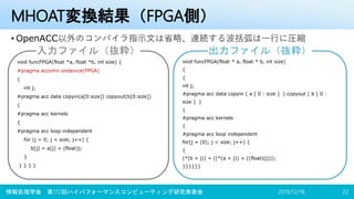 MHOAT変換結果（FPGA側）
• OpenACC以外のコンパイラ指示文は省略、連続する波括弧は一行に圧縮
2019/12/18情報処理学会 第172回ハイパフォーマンスコンピューティング研究発表会 22
void funcFPGA(float * a, float * b, int size)
{
{
int j;
#pragma acc data copyin ( a [ 0 : size ] ) copyout ( b [ 0 :
size ] )
{
#pragma acc kernels
{
#pragma acc loop independent
for(j = (0); j < size; j++) {
{
(*(b + j)) = ((*(a + j)) + ((float)(j)));
}}}}}}
void funcFPGA(float *a, float *b, int size) {
#pragma accomn ondevice(FPGA)
{
int j;
#pragma acc data copyin(a[0:size]) copyout(b[0:size])
{
#pragma acc kernels
{
#pragma acc loop independent
for (j = 0; j < size; j++) {
b[j] = a[j] + (float)j;
}
} } } }
出力ファイル（抜粋）入力ファイル（抜粋）
 
