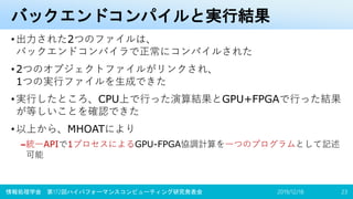 バックエンドコンパイルと実行結果
•出力された2つのファイルは、
バックエンドコンパイラで正常にコンパイルされた
•2つのオブジェクトファイルがリンクされ、
1つの実行ファイルを生成できた
•実行したところ、CPU上で行った演算結果とGPU+FPGAで行った結果
が等しいことを確認できた
•以上から、MHOATにより
–統一APIで1プロセスによるGPU-FPGA協調計算を一つのプログラムとして記述
可能
2019/12/18情報処理学会 第172回ハイパフォーマンスコンピューティング研究発表会 23
 