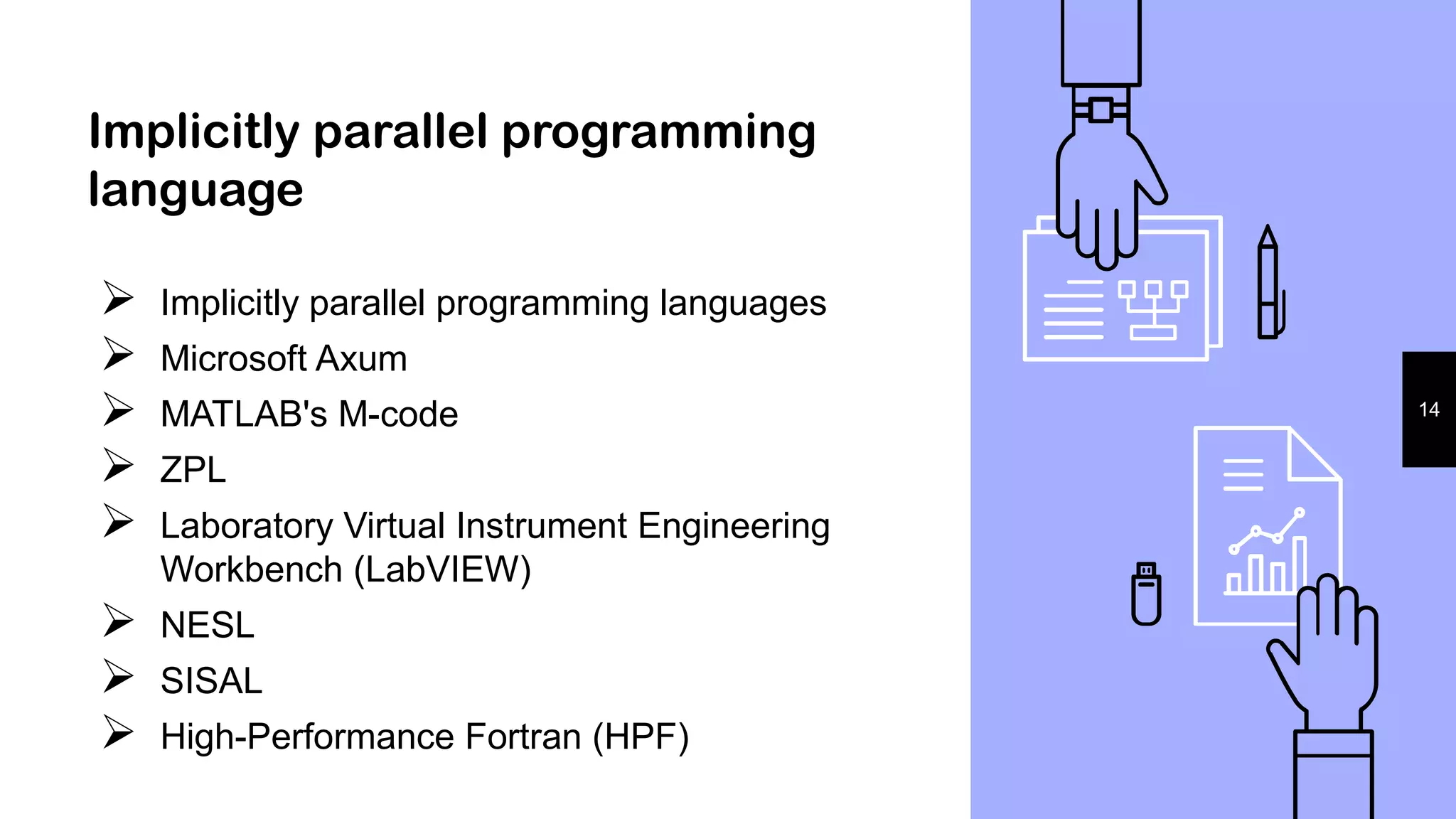 Implicitly parallel programming
language
 Implicitly parallel programming languages
 Microsoft Axum
 MATLAB's M-code
 ZPL
 Laboratory Virtual Instrument Engineering
Workbench (LabVIEW)
 NESL
 SISAL
 High-Performance Fortran (HPF)
14
 