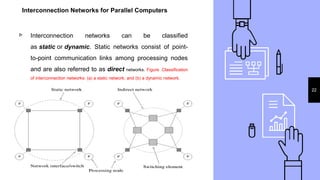Interconnection Networks for Parallel Computers
▹ Interconnection networks can be classified
as static or dynamic. Static networks consist of point-
to-point communication links among processing nodes
and are also referred to as direct networks. Figure .Classification
of interconnection networks: (a) a static network; and (b) a dynamic network.
22
 