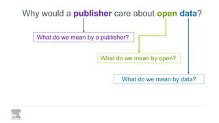 Why would a publisher care about open data?
What do we mean by open?
What do we mean by data?
What do we mean by a publisher?
 
