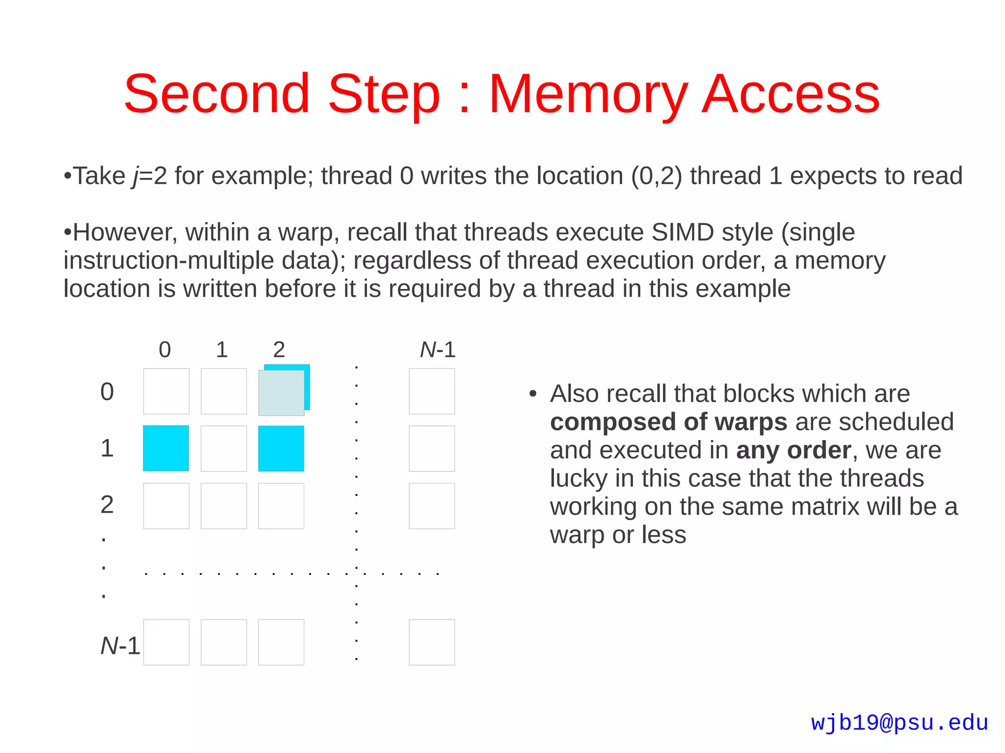 Second Step : Memory Access
●   Take j=2 for example; thread 0 writes the location (0,2) thread 1 expects to read

●However, within a warp, recall that threads execute SIMD style (single
instruction-multiple data); regardless of thread execution order, a memory
location is written before it is required by a thread in this example

            0    1    2            N-1
      0                                      ●   Also recall that blocks which are
                                                 composed of warps are scheduled
      1                                          and executed in any order, we are
                                                 lucky in this case that the threads
      2                                          working on the same matrix will be a
      .                                          warp or less
      .
      .

      N-1

                                                                        wjb19@psu.edu
 
