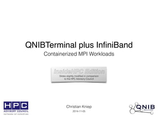 QNIBTerminal plus InfiniBand 
Containerized MPI Workloads 
insideHPC Edition 
Slides slightly modified in comparison 
to the HPC Advisory Council 
Christian Kniep 
2014-11-05 
 