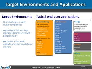 Target Environments and Applications

Target Environments                 Typical end-user applications
• Users seeking to simplify                                                          Energy
                                     Manufacturing              Life Sciences
  cluster complexities                                                               Schlumberger ECLIPSE
                                     CSM (Computational         Gaussian
                                                                                     Paradigm GeoDepth
                                     Structural Mechanics)      VASP
                                     ABAQUS/Explicit                                 3DGEO 3DPSDM
                                                                AMBER
• Applications that use large        ABAQUS/Standard                                 Norsar 3D
                                                                Schrödinger Jaguar
                                     ANSYS Mechanical           Schrödinger Glide
  memory footprint (even with        LSTC LS-DYNA               NAMD                 EDA
                                     ALTAIR Radioss
  one processor)                                                DOCK
                                                                                     Mentor
                                                                GAMESS
                                     CFD (Computational Fluid                        Cadence
                                                                GOLD
                                     Dynamics)                                       Synopsys
• Applications that need                                        mpiBLAST
                                     FLUENT
                                                                GROMACS
                                     ANSYS CFX
  multiple processors and shared                                                     Finance
                                                                MOLPRO
                                     STAR-CD
  memory                                                        OpenEye FRED         Wombat
                                     AVL FIRE
                                                                OpenEye OMEGA        KX
                                     Tgrid
                                                                SCM ADF
                                                                HMMER
                                     Other
                                                                                     Others
                                     inTrace OpenRT
                                                                                     The MathWorks MATLAB
                                                                                     R
                                                                                     Octave
                                                                                     Wolfram MATHEMATICA
                                                                                     ISC STAR-P

                                                                                                4/10/2009                 1
                                Aggregate. Scale. Simplify. Save.                               Confidential and Proprietary
 