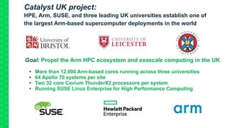 Goal: Propel the Arm HPC ecosystem and exascale computing in the UK
• More than 12,000 Arm-based cores running across thre...