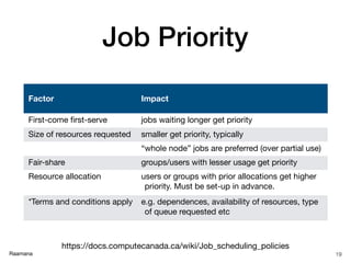 Raamana
Job Priority
19
Factor Impact
First-come ﬁrst-serve jobs waiting longer get priority
Size of resources requested smaller get priority, typically
“whole node” jobs are preferred (over partial use)
Fair-share groups/users with lesser usage get priority
Resource allocation users or groups with prior allocations get higher
priority. Must be set-up in advance.
*Terms and conditions apply e.g. dependences, availability of resources, type
of queue requested etc
https://docs.computecanada.ca/wiki/Job_scheduling_policies
 